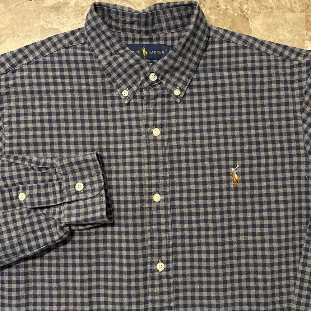 Polo Ralph Lauren Shirt Mens Large Grey Blue Classic Fit Gingham Oxford OCBD